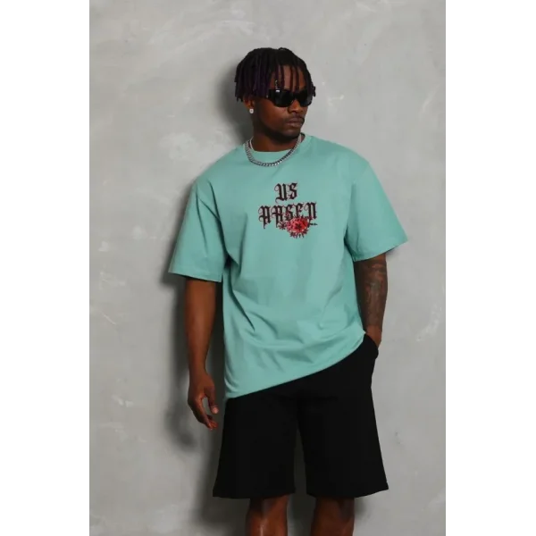 Unisex Oversize Baskılı Bisiklet Yaka T-Shirt - Mint Yeşili