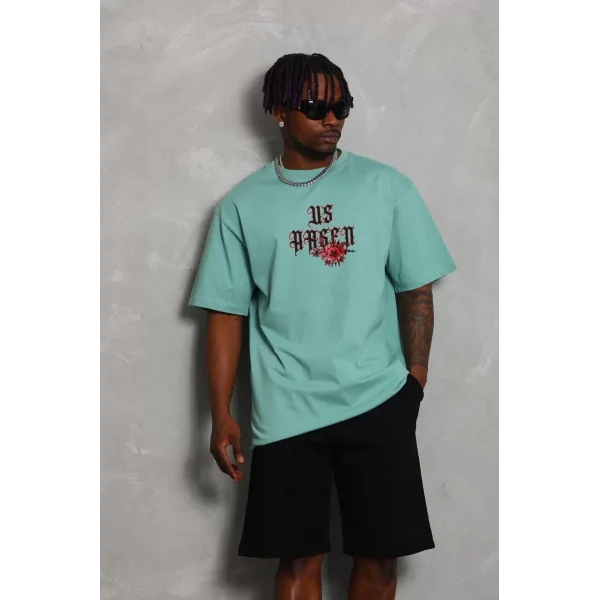 Unisex Oversize Baskılı Bisiklet Yaka T-Shirt - Mint Yeşili