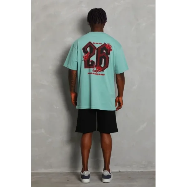 Unisex Oversize Baskılı Bisiklet Yaka T-Shirt - Mint Yeşili