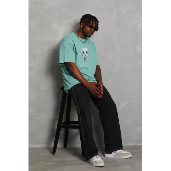 Unisex Oversize Baskılı Bisiklet Yaka T-Shirt - Mint Yeşili