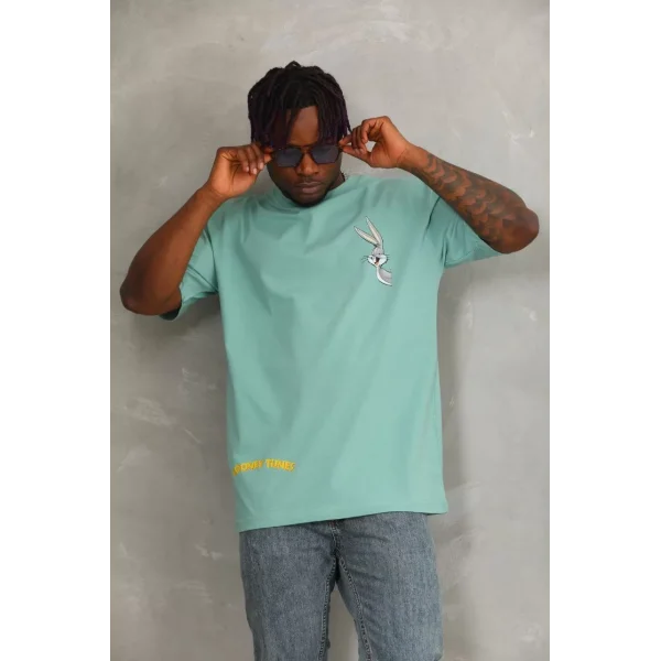 Unisex Oversize Baskılı Bisiklet Yaka T-Shirt - Mint Yeşili