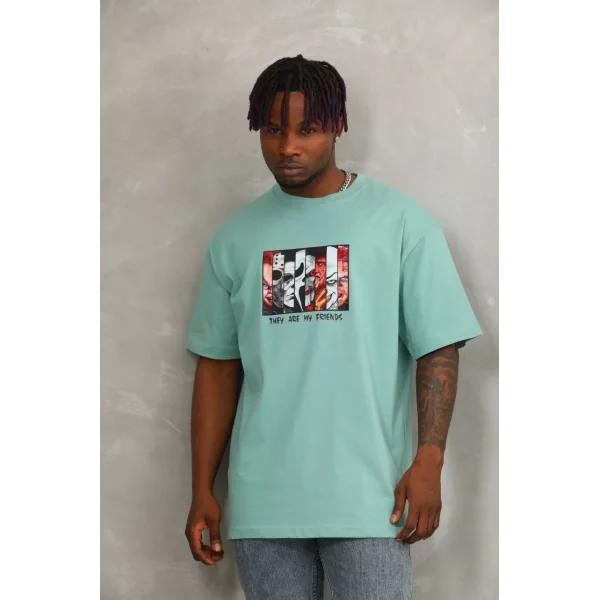 Unisex Oversize Baskılı Bisiklet Yaka T-Shirt - Mint Yeşili