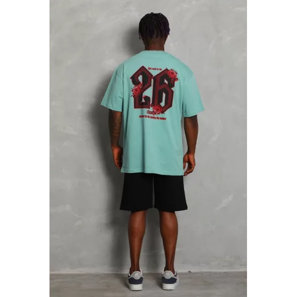 Unisex Oversize Baskılı Bisiklet Yaka T-Shirt - Mint Yeşili