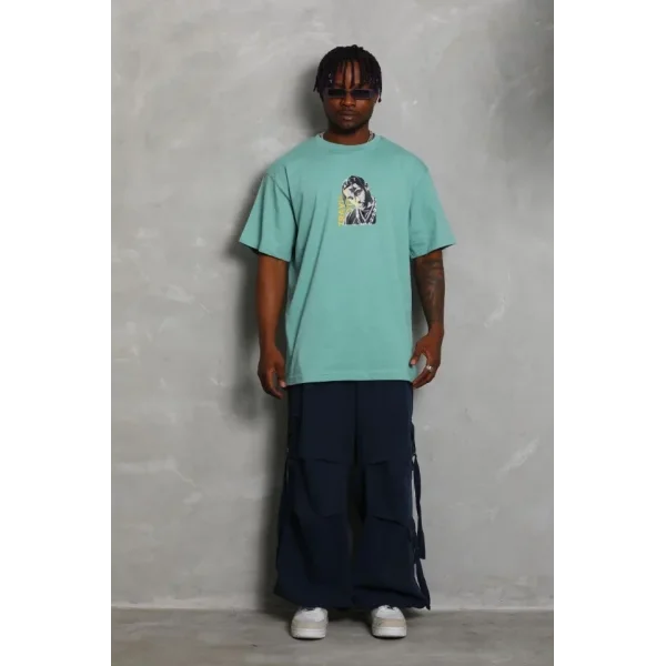 Unisex Oversize Baskılı Bisiklet Yaka T-Shirt - Mint Yeşili