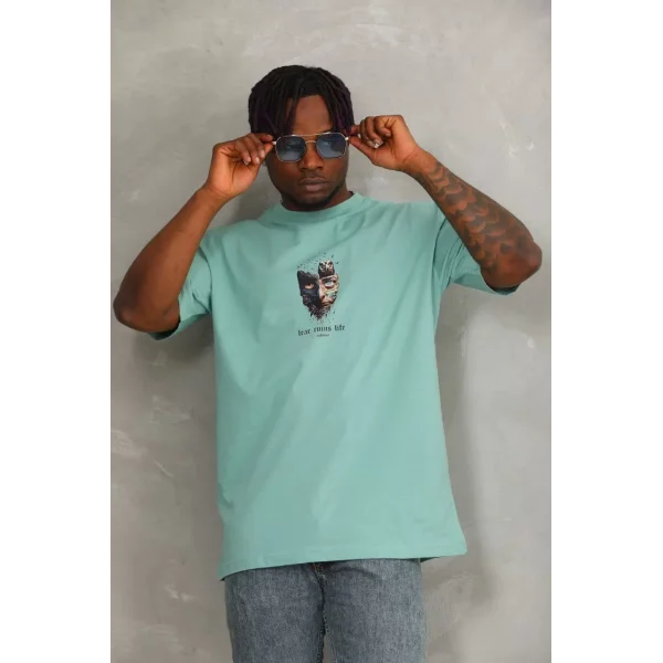 Unisex Oversize Baskılı Bisiklet Yaka T-Shirt - Mint Yeşili