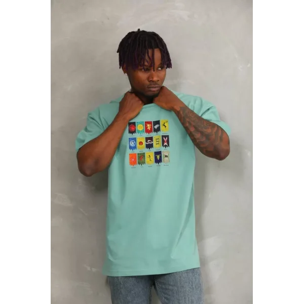 Unisex Oversize Baskılı Bisiklet Yaka T-Shirt - Mint Yeşili