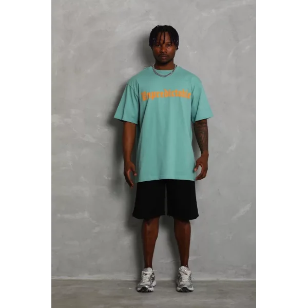 Unisex Oversize Baskılı Bisiklet Yaka T-Shirt - Mint Yeşili