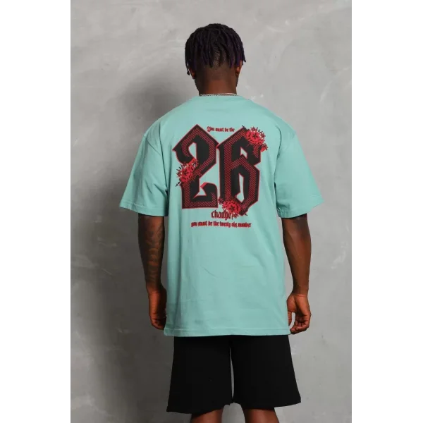 Unisex Oversize Baskılı Bisiklet Yaka T-Shirt - Mint Yeşili