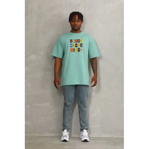 Unisex Oversize Baskılı Bisiklet Yaka T-Shirt - Mint Yeşili