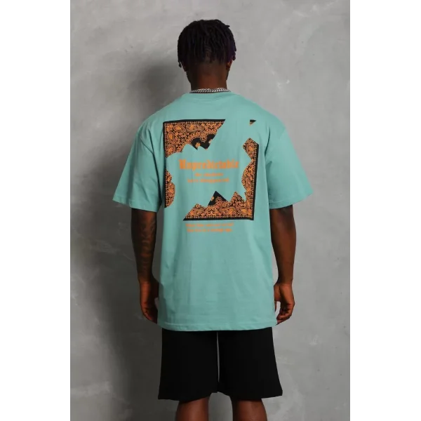 Unisex Oversize Baskılı Bisiklet Yaka T-Shirt - Mint Yeşili