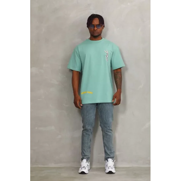 Unisex Oversize Baskılı Bisiklet Yaka T-Shirt - Mint Yeşili