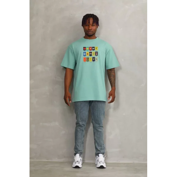 Unisex Oversize Baskılı Bisiklet Yaka T-Shirt - Mint Yeşili