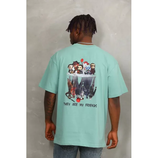 Unisex Oversize Baskılı Bisiklet Yaka T-Shirt - Mint Yeşili