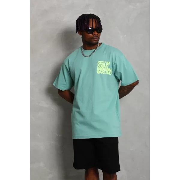 Unisex Oversize Baskılı Bisiklet Yaka T-Shirt - Mint Yeşili