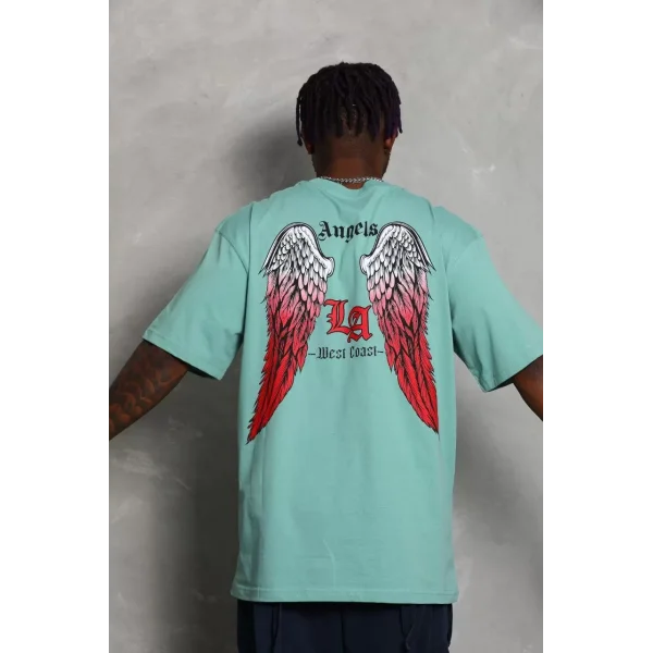 Unisex Oversize Baskılı Bisiklet Yaka T-Shirt - Mint Yeşili