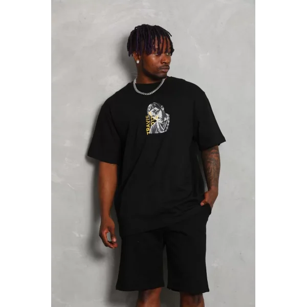 Unisex Oversize Baskılı Bisiklet Yaka T-Shirt - Siyah