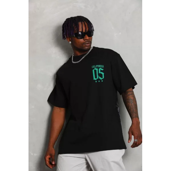 Unisex Oversize Baskılı Bisiklet Yaka T-Shirt - Siyah