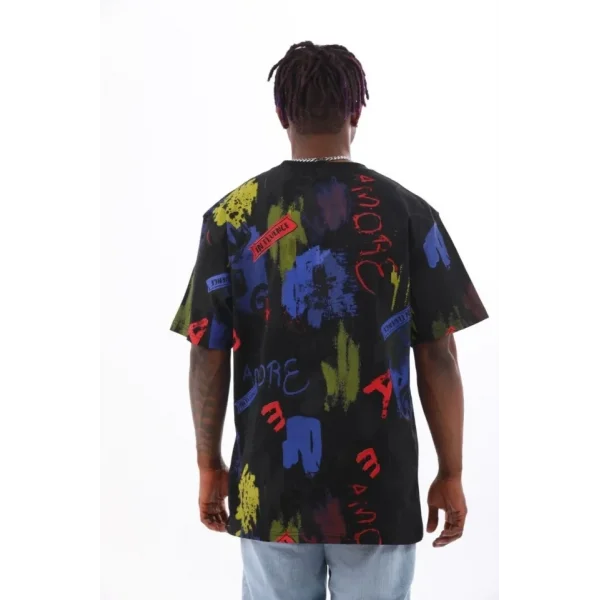 Unisex Oversize Baskılı Bisiklet Yaka T-Shirt - Siyah