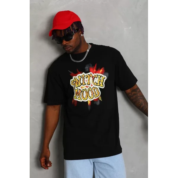 Unisex Oversize Baskılı Bisiklet Yaka T-Shirt - Siyah