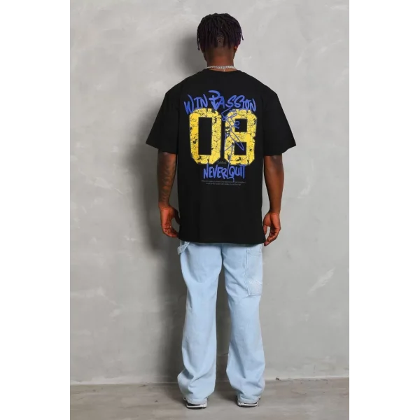 Unisex Oversize Baskılı Bisiklet Yaka T-Shirt - Siyah