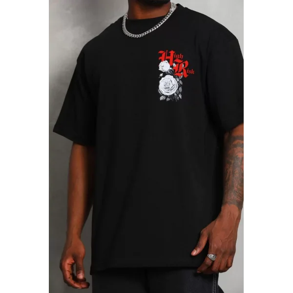 Unisex Oversize Baskılı Bisiklet Yaka T-Shirt - Siyah