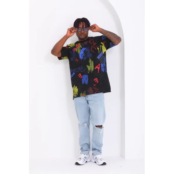 Unisex Oversize Baskılı Bisiklet Yaka T-Shirt - Siyah