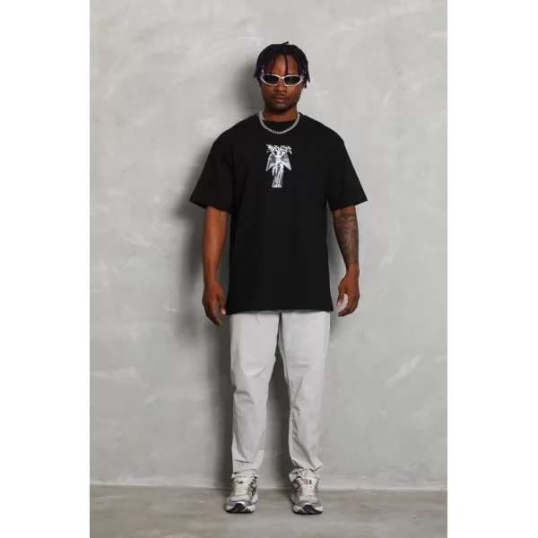 Unisex Oversize Baskılı Bisiklet Yaka T-Shirt - Siyah