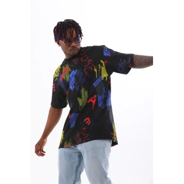 Unisex Oversize Baskılı Bisiklet Yaka T-Shirt - Siyah