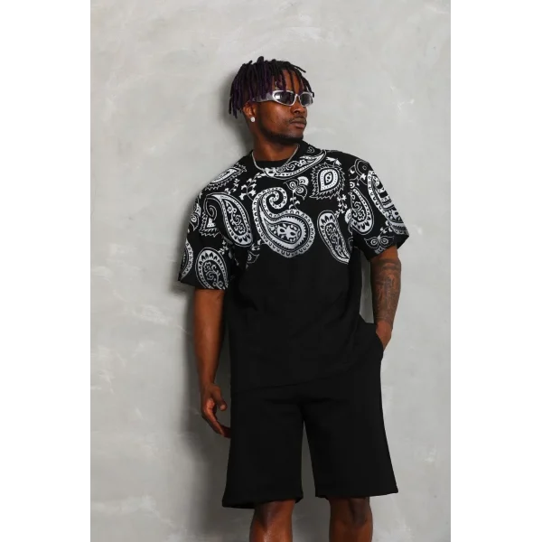 Unisex Oversize Baskılı Bisiklet Yaka T-Shirt - Siyah