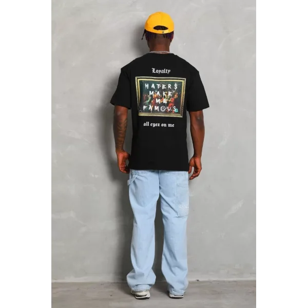 Unisex Oversize Baskılı Bisiklet Yaka T-Shirt - Siyah