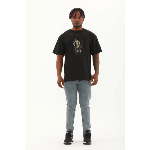 Unisex Oversize Baskılı Bisiklet Yaka T-Shirt - Siyah