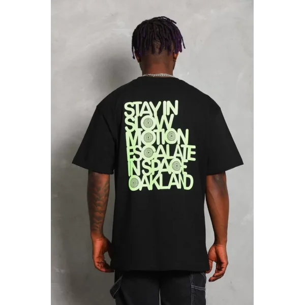 Unisex Oversize Baskılı Bisiklet Yaka T-Shirt - Siyah