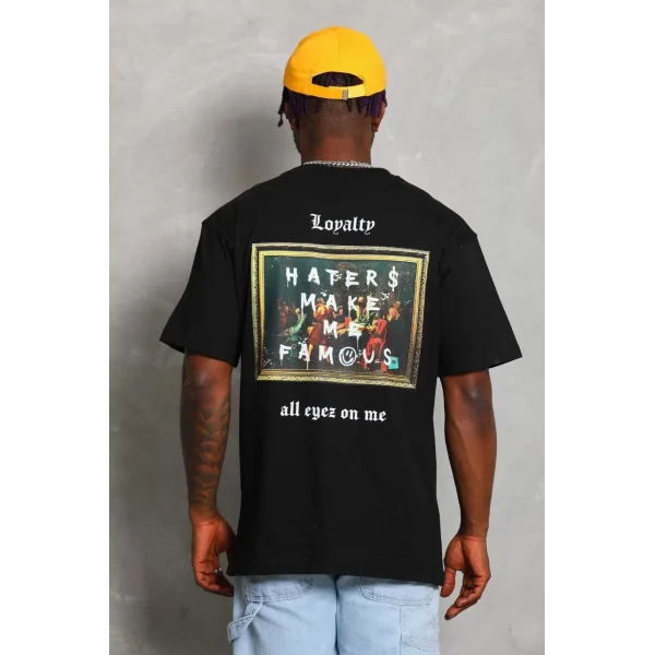 Unisex Oversize Baskılı Bisiklet Yaka T-Shirt - Siyah