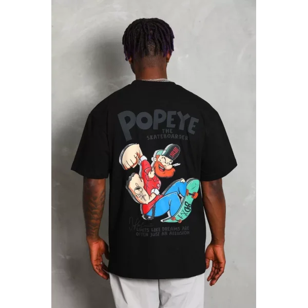 Unisex Oversize Baskılı Bisiklet Yaka T-Shirt - Siyah