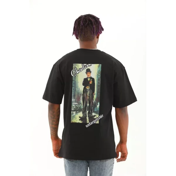 Unisex Oversize Baskılı Bisiklet Yaka T-Shirt - Siyah