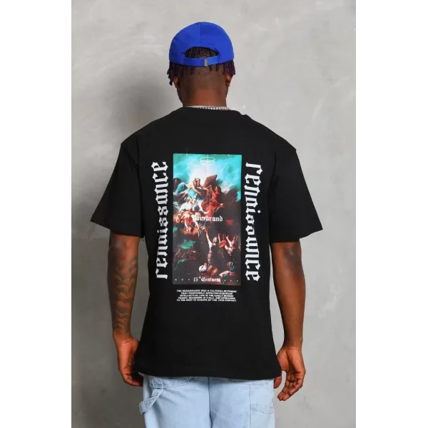 Unisex Oversize Baskılı Bisiklet Yaka T-Shirt - Siyah