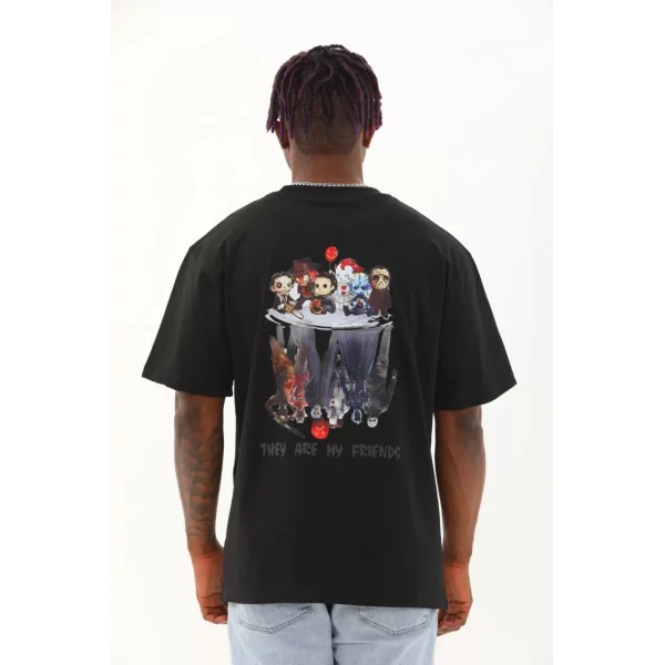 Unisex Oversize Baskılı Bisiklet Yaka T-Shirt - Siyah