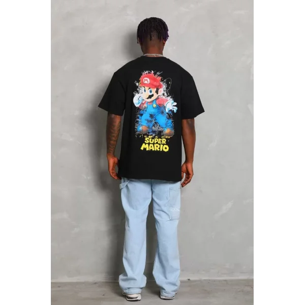 Unisex Oversize Baskılı Bisiklet Yaka T-Shirt - Siyah