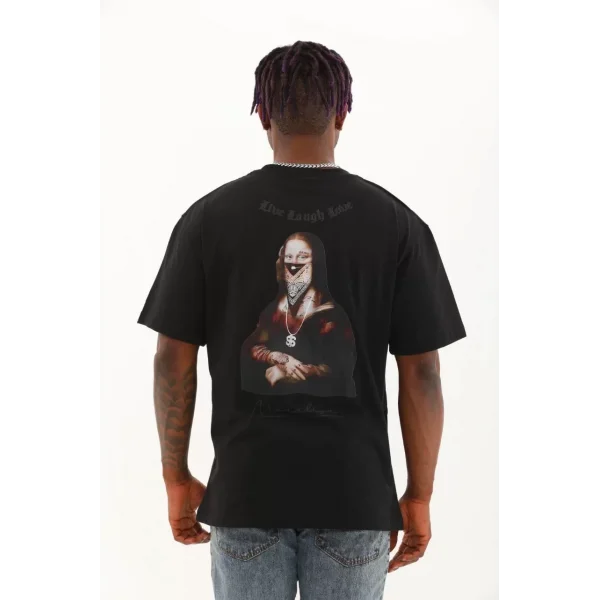 Unisex Oversize Baskılı Bisiklet Yaka T-Shirt - Siyah