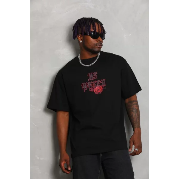 Unisex Oversize Baskılı Bisiklet Yaka T-Shirt - Siyah