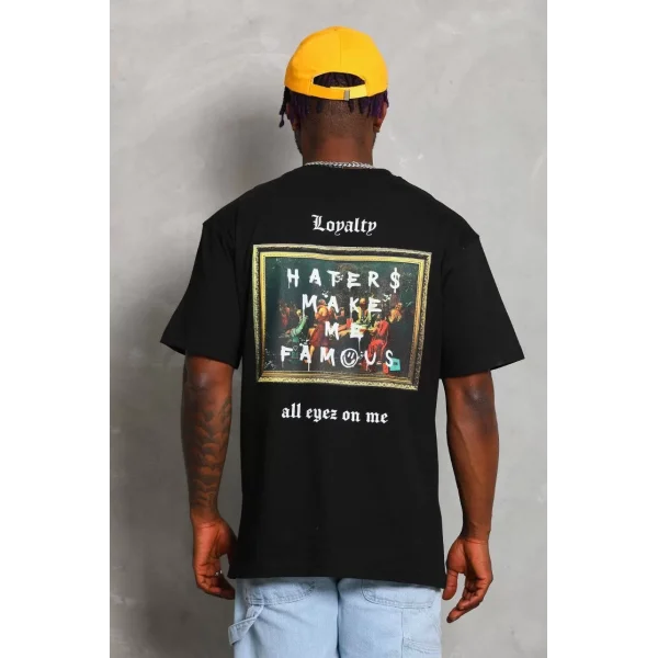 Unisex Oversize Baskılı Bisiklet Yaka T-Shirt - Siyah