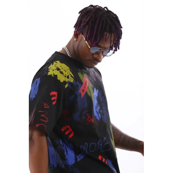 Unisex Oversize Baskılı Bisiklet Yaka T-Shirt - Siyah