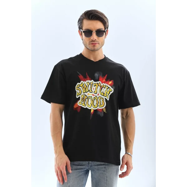 Unisex Oversize Baskılı Bisiklet Yaka T-Shirt - Siyah