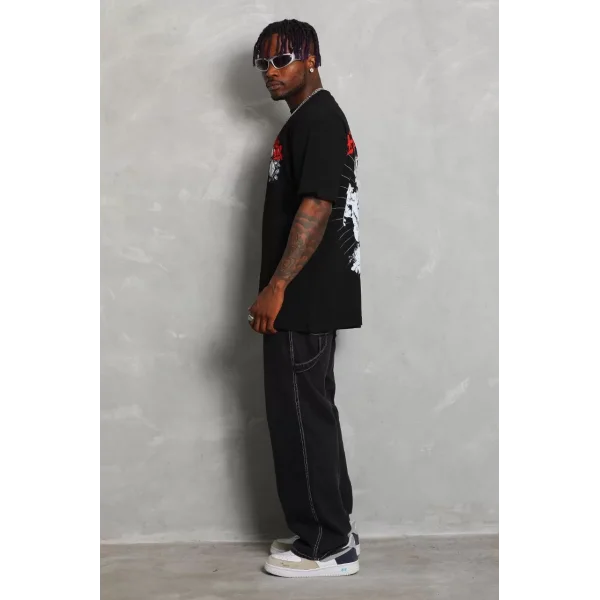 Unisex Oversize Baskılı Bisiklet Yaka T-Shirt - Siyah