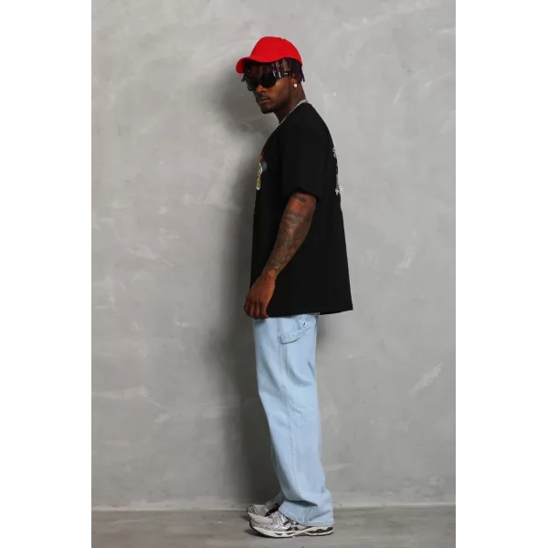 Unisex Oversize Baskılı Bisiklet Yaka T-Shirt - Siyah