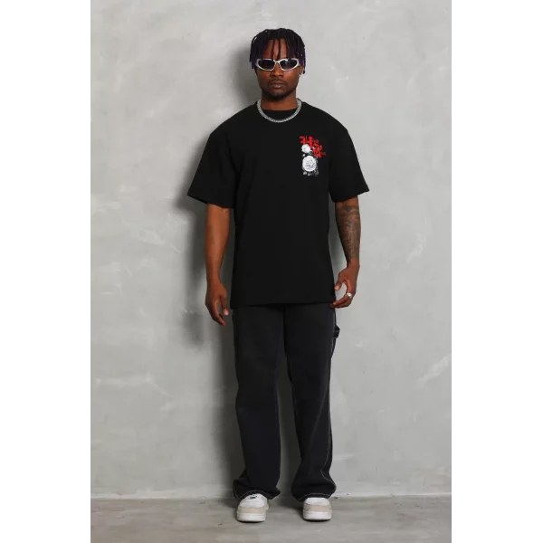 Unisex Oversize Baskılı Bisiklet Yaka T-Shirt - Siyah