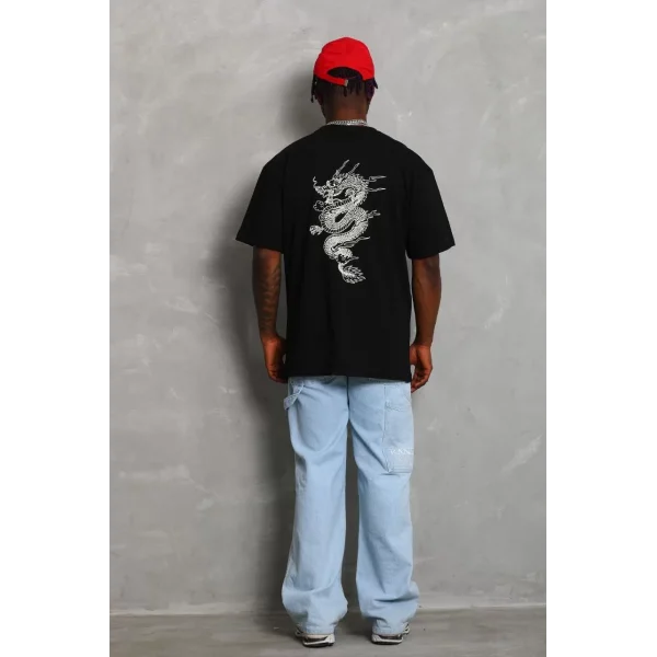 Unisex Oversize Baskılı Bisiklet Yaka T-Shirt - Siyah