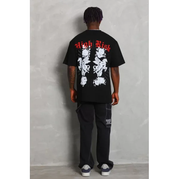 Unisex Oversize Baskılı Bisiklet Yaka T-Shirt - Siyah