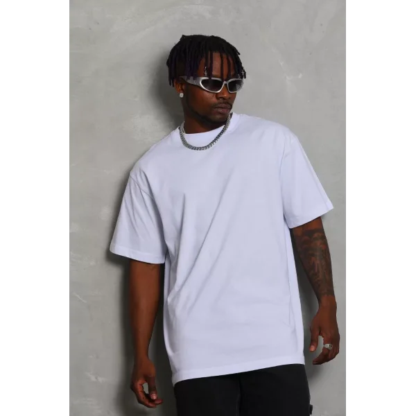 Unisex Oversize Düz Bisiklet Yaka T-Shirt - Beyaz