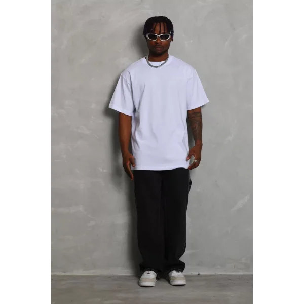 Unisex Oversize Düz Bisiklet Yaka T-Shirt - Beyaz